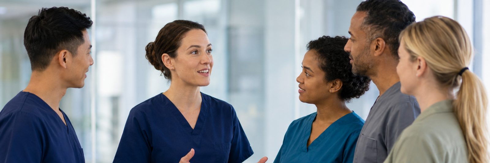 A healthcare team in scrubs talking together