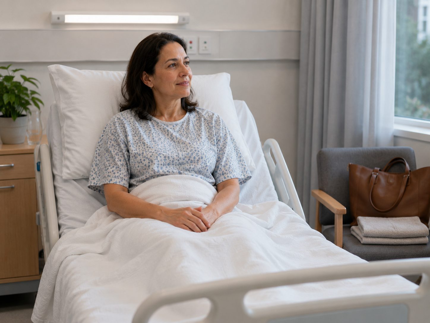 A patient sitting up in a hospital bed with her bag packed, ready for discharge