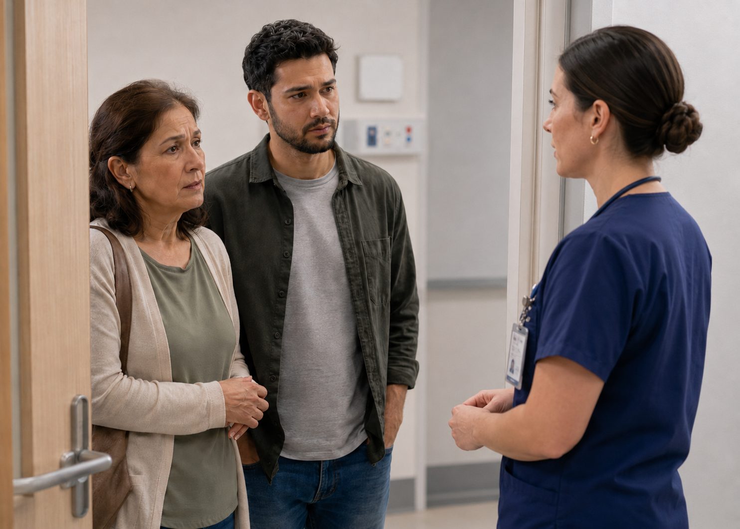 Worried family members raising their concerns with a nurse in a hospital corridor
