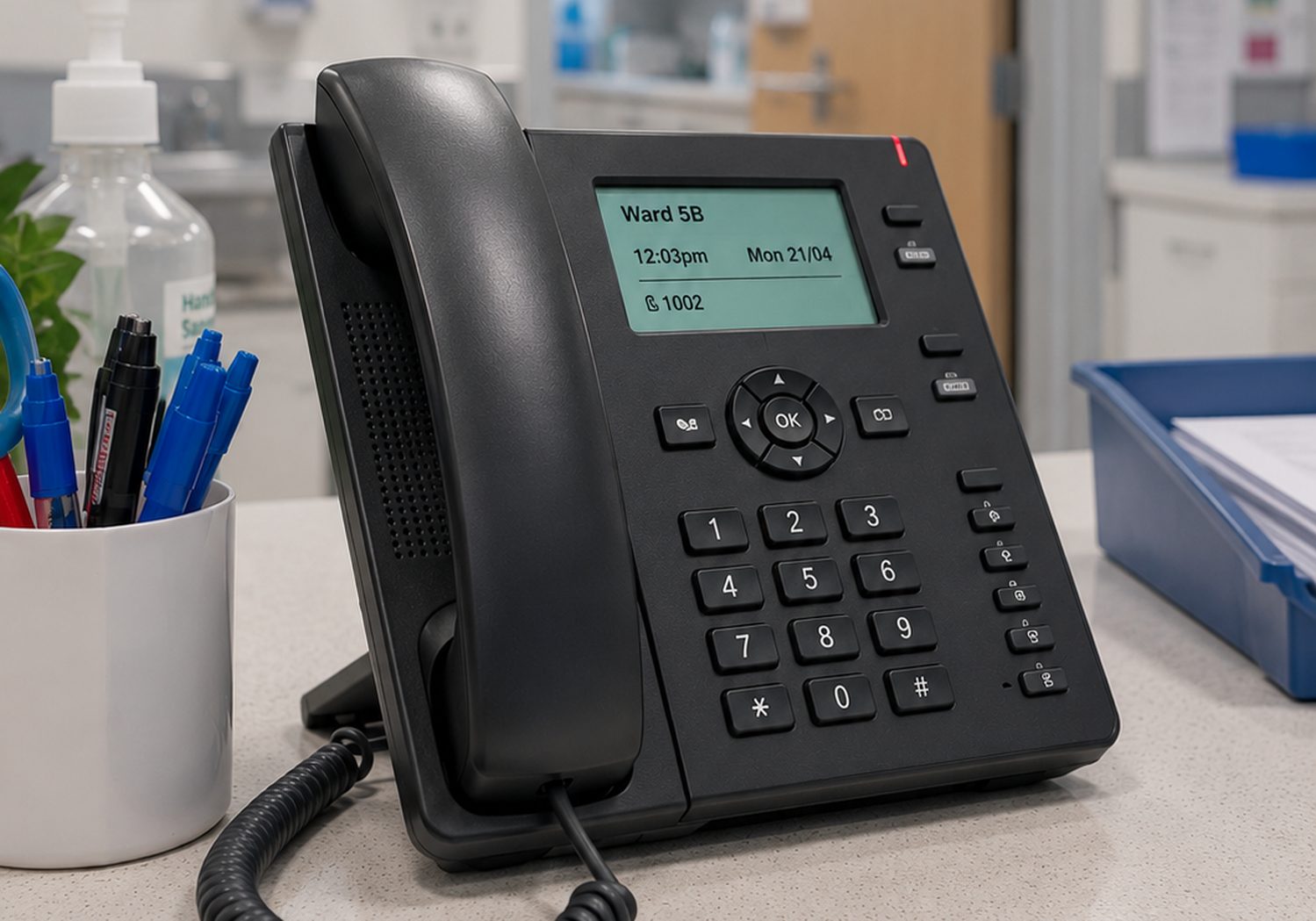 A desk phone at a ward station, ready for a follow-up call