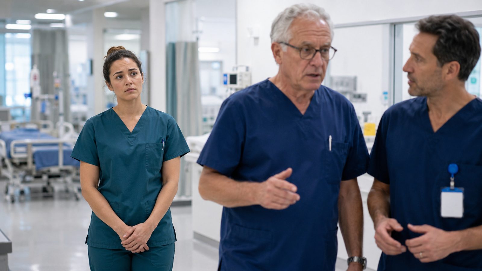 A nurse standing back, hesitant, while two senior colleagues talk on the ward