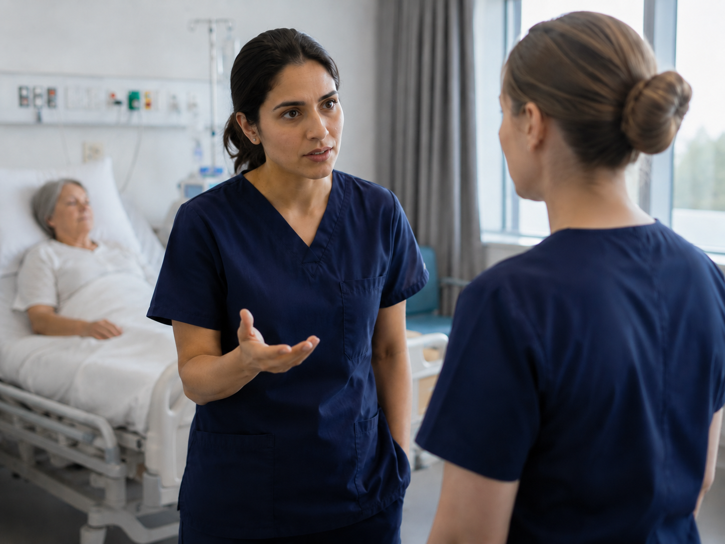 A nurse speaking firmly to a colleague to challenge an action