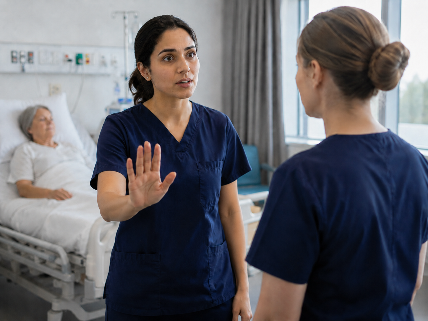 A nurse holding up a flat palm to stop a colleague from proceeding