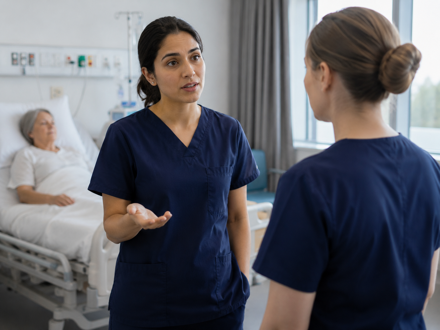 A nurse calmly gesturing with an open palm while raising a concern with a colleague