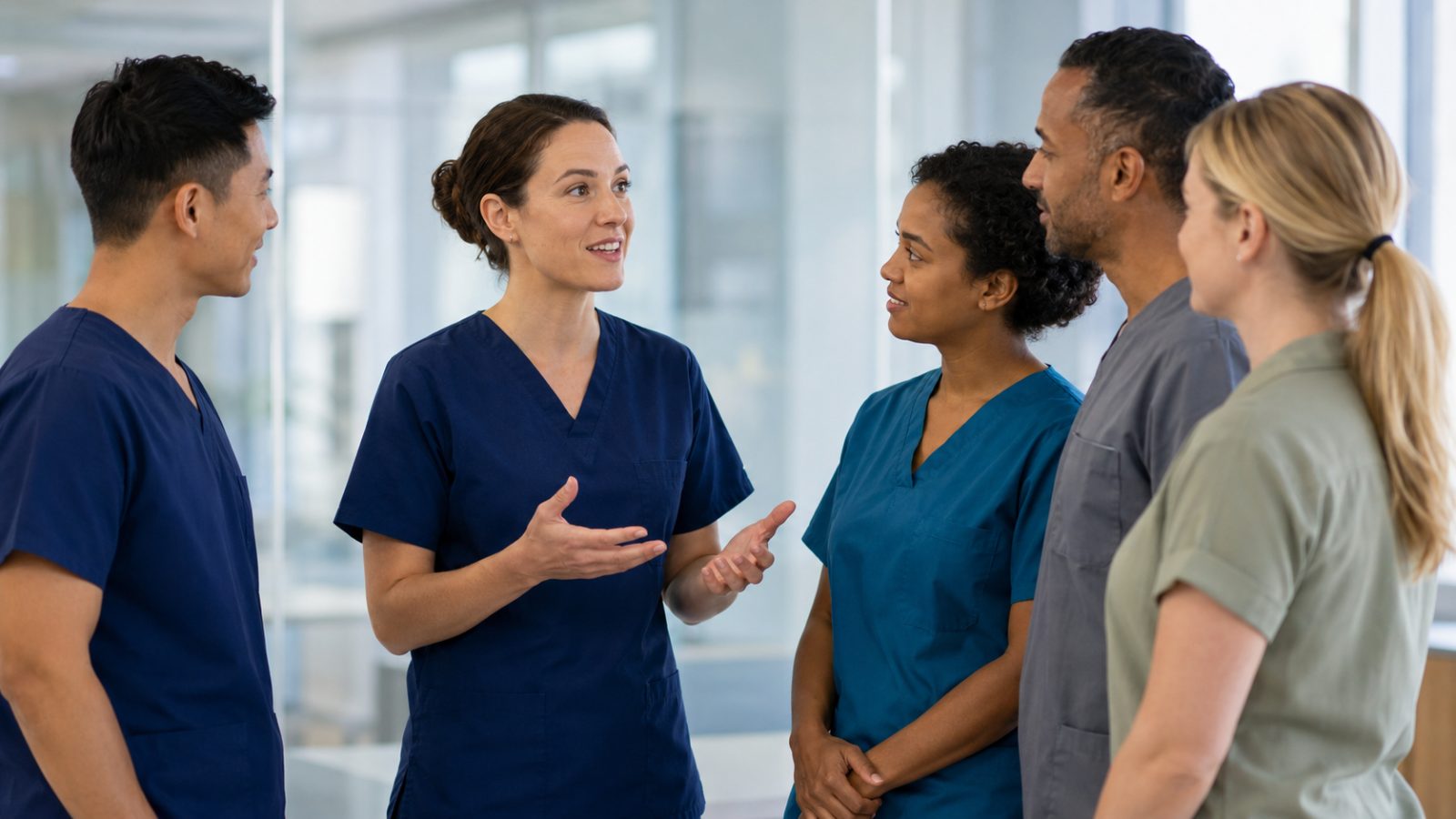 A healthcare team talking openly together