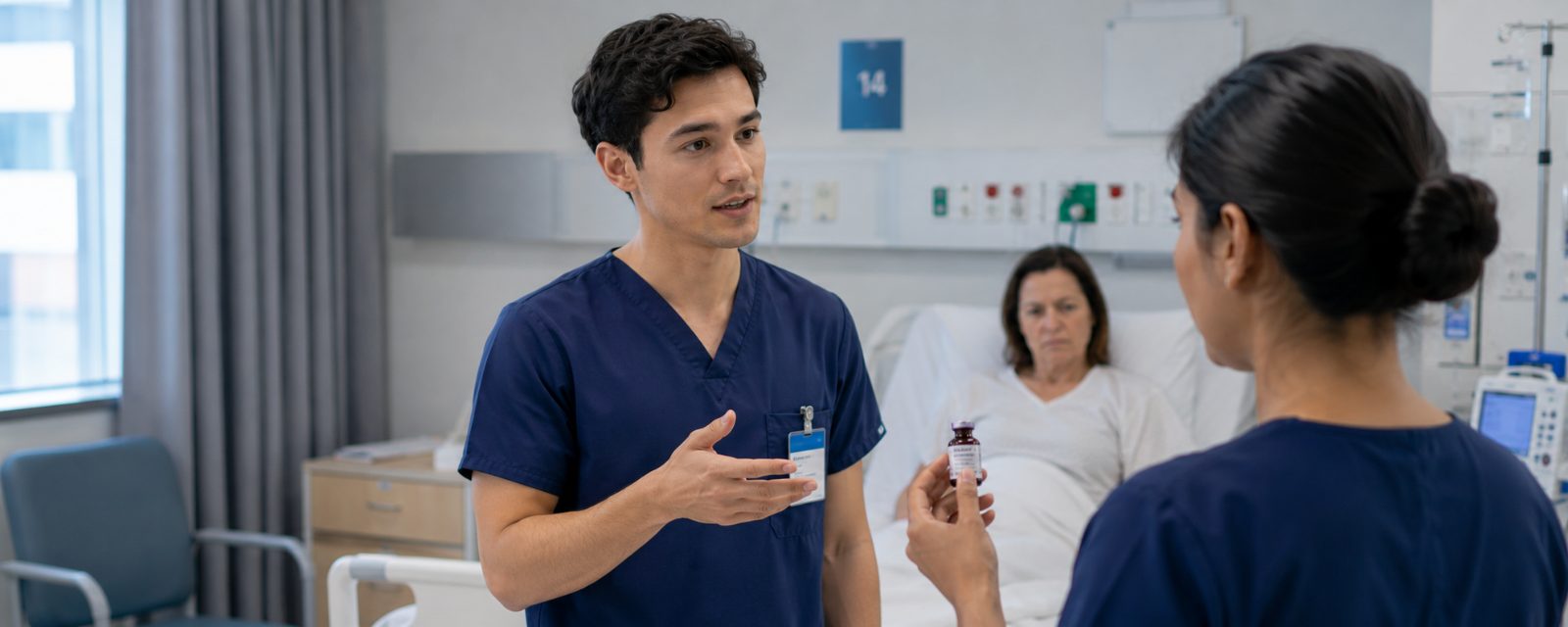 A nurse querying a medication vial with a colleague while a patient watches from bed